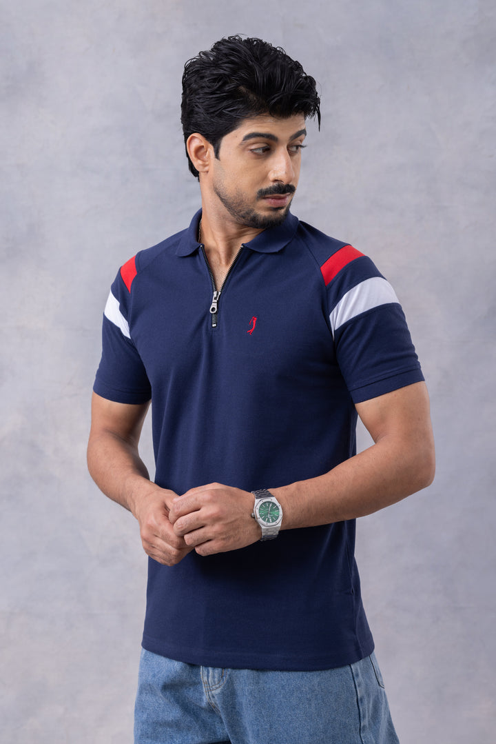 Navy Blue Self Design Polo T-Shirt