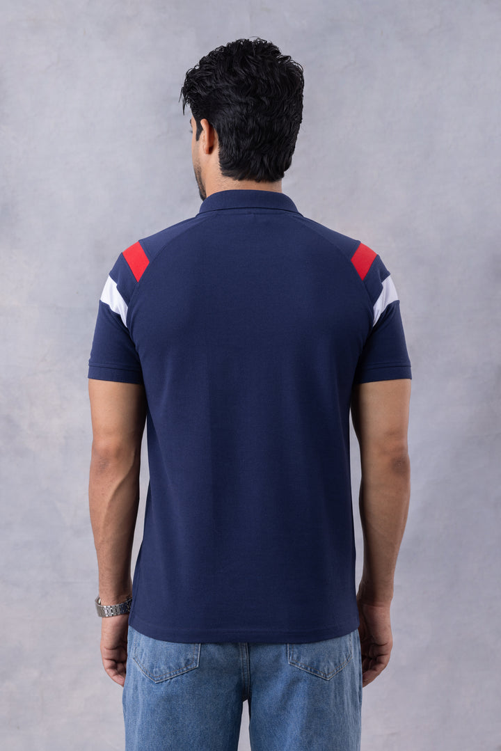 Navy Blue Self Design Polo T-Shirt