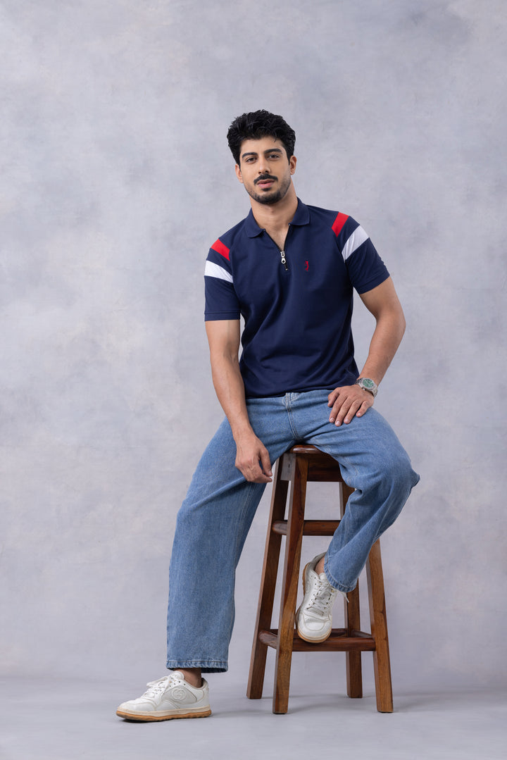 Navy Blue Self Design Polo T-Shirt