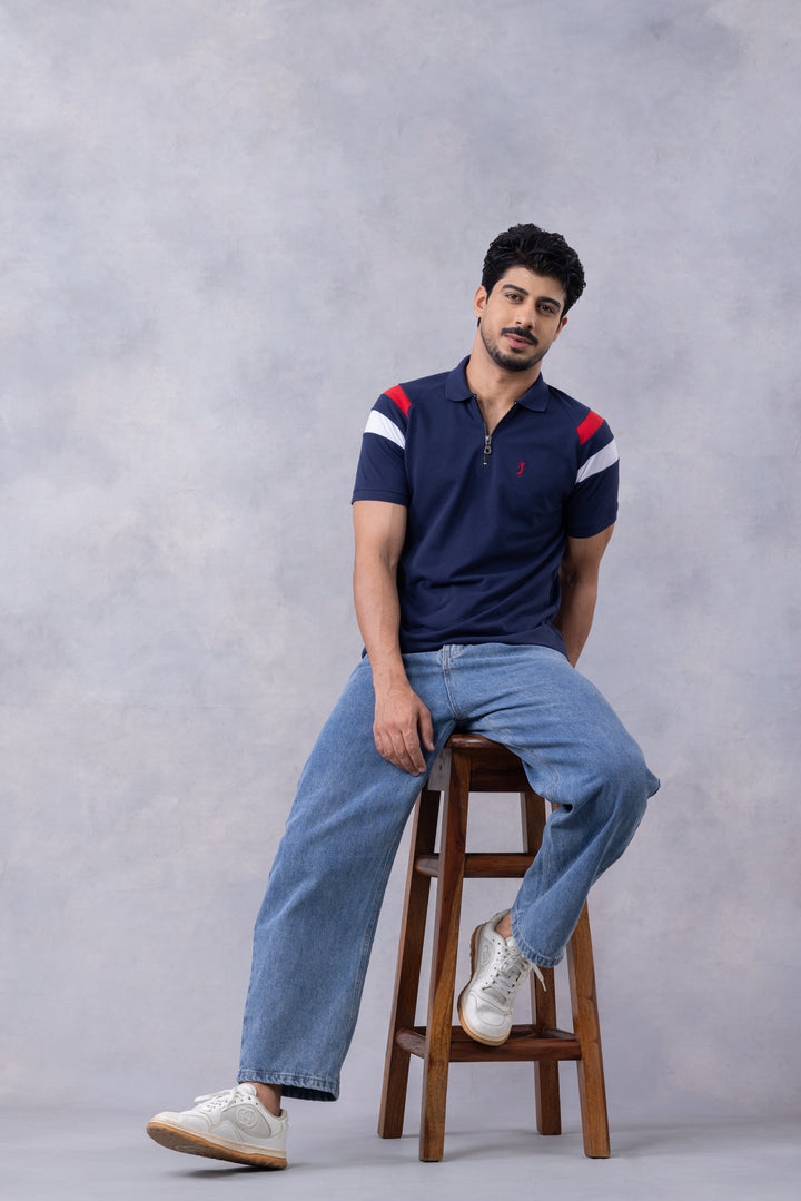 Navy Blue Self Design Polo T-Shirt