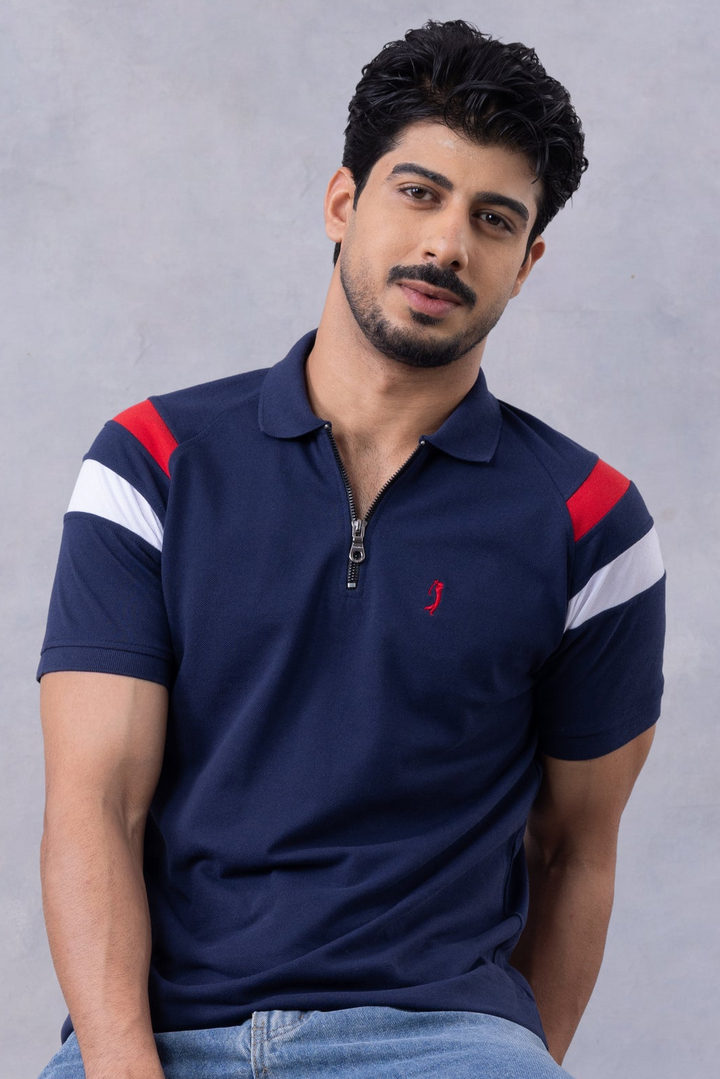 Navy Blue Self Design Polo T-Shirt