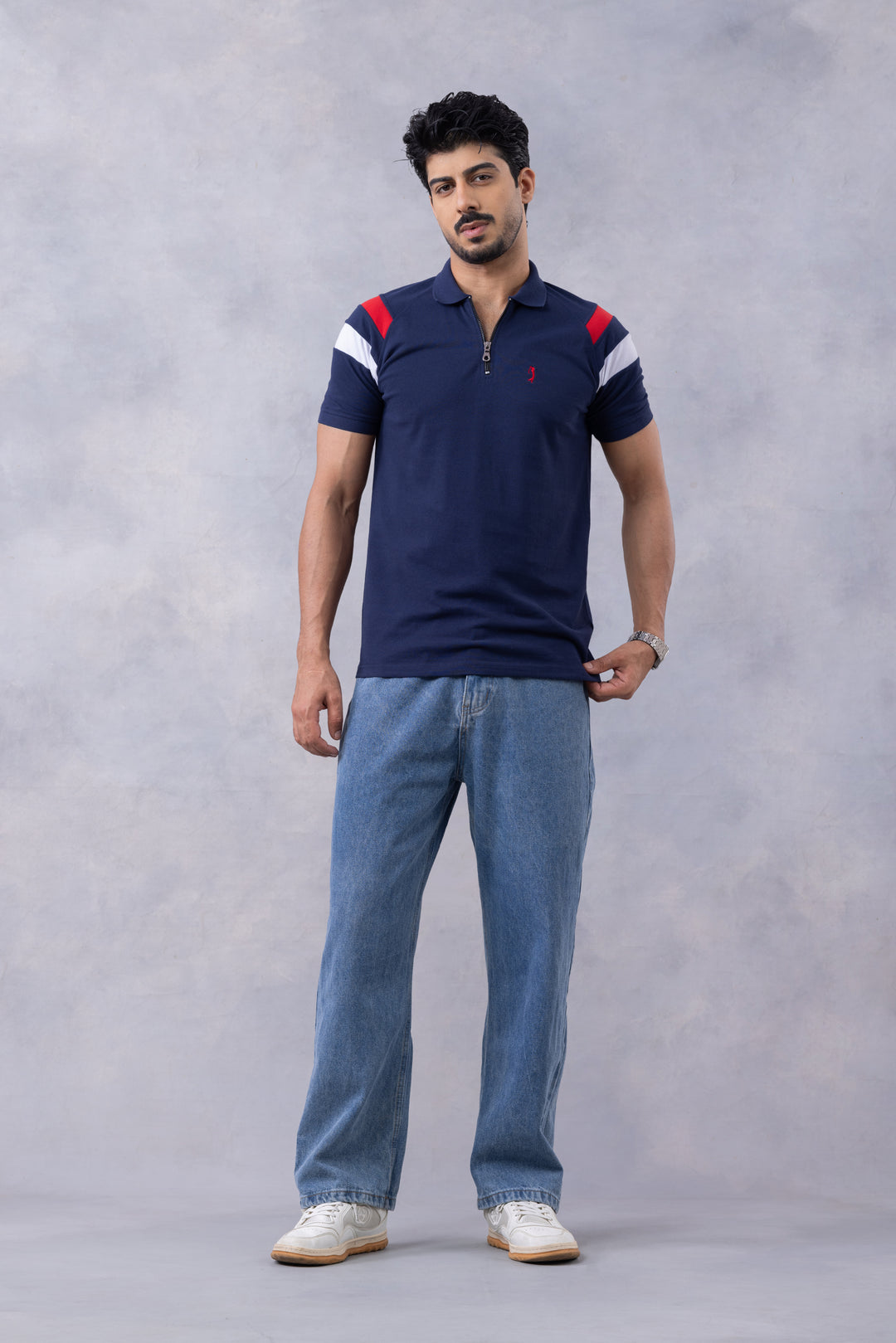 Navy Blue Self Design Polo T-Shirt
