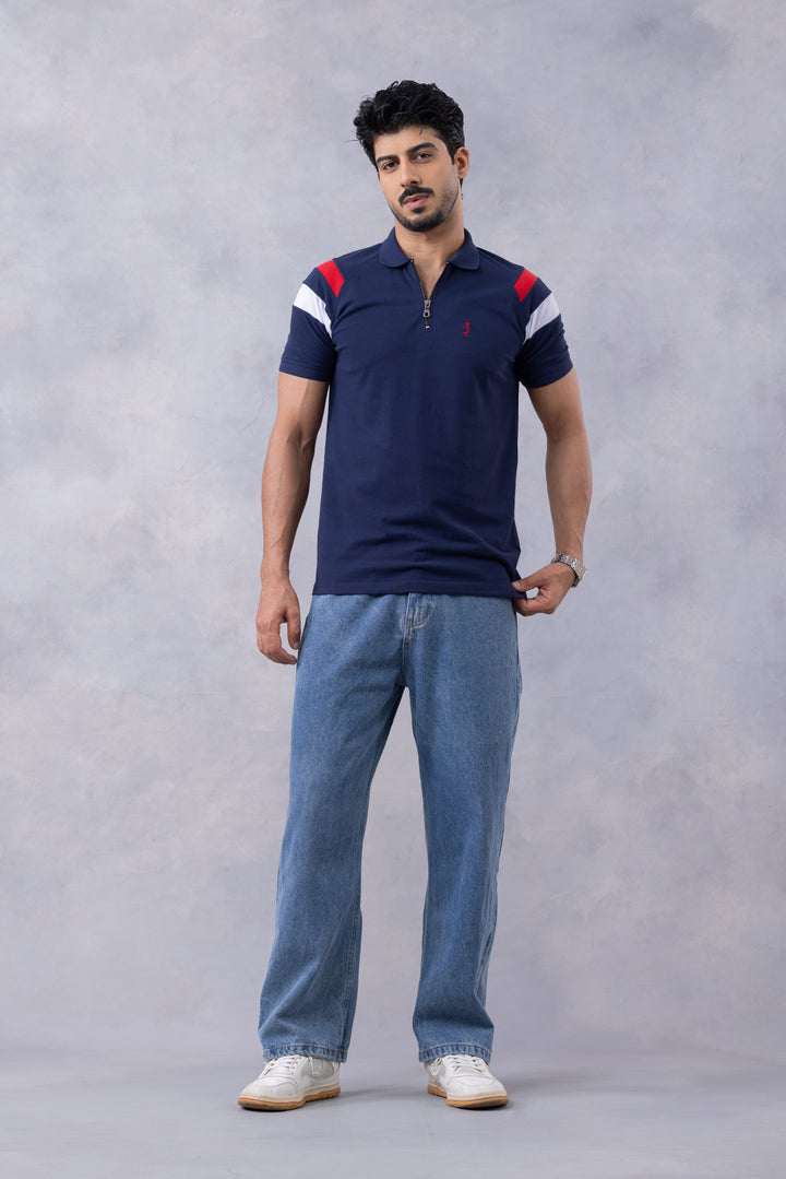 Navy Blue Self Design Polo T-Shirt