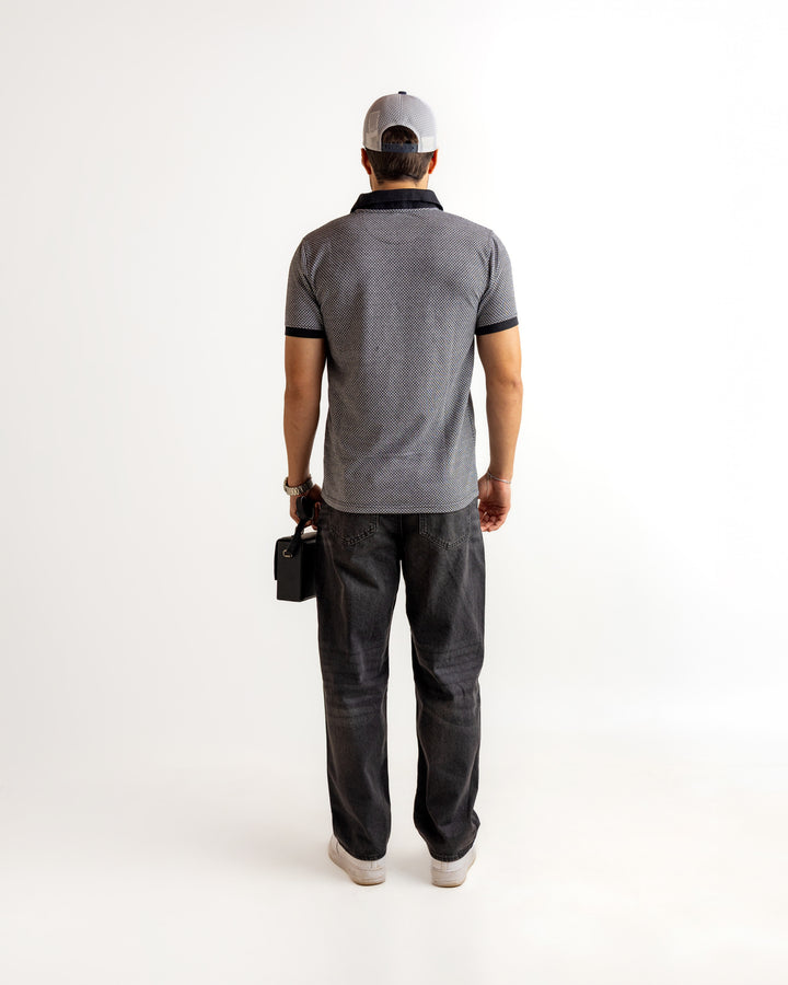 Grey Black Self Design Cotton T-Shirt