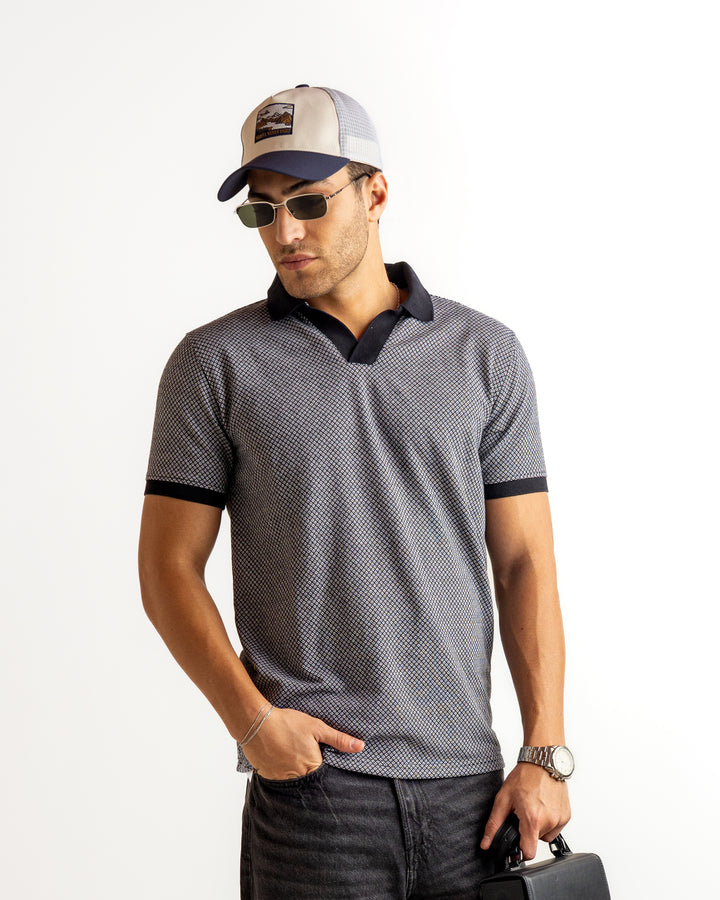 Grey Black Self Design Cotton T-Shirt