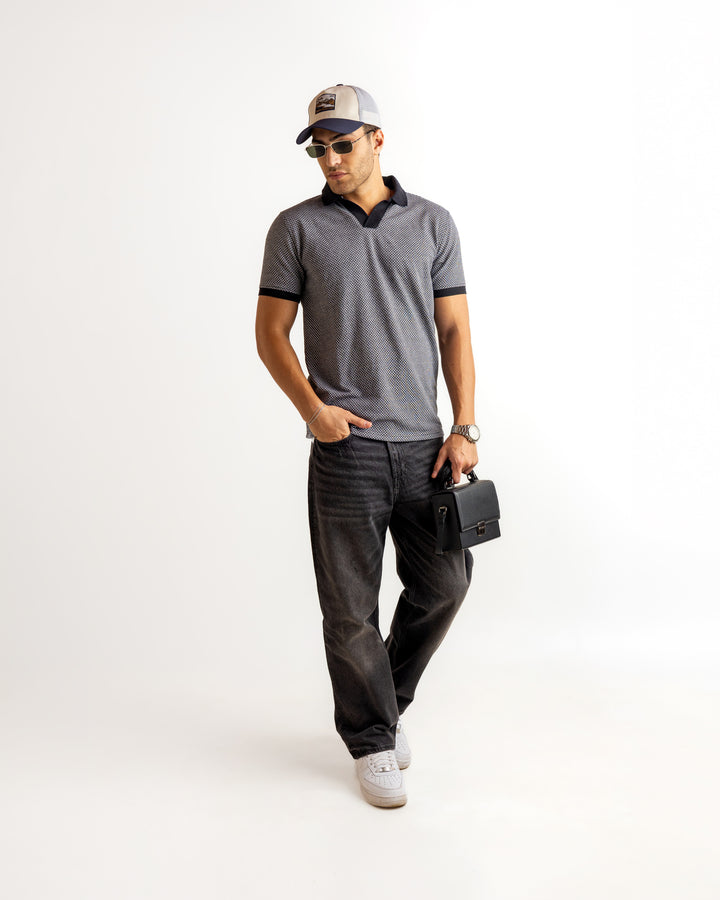 Grey Black Self Design Cotton T-Shirt