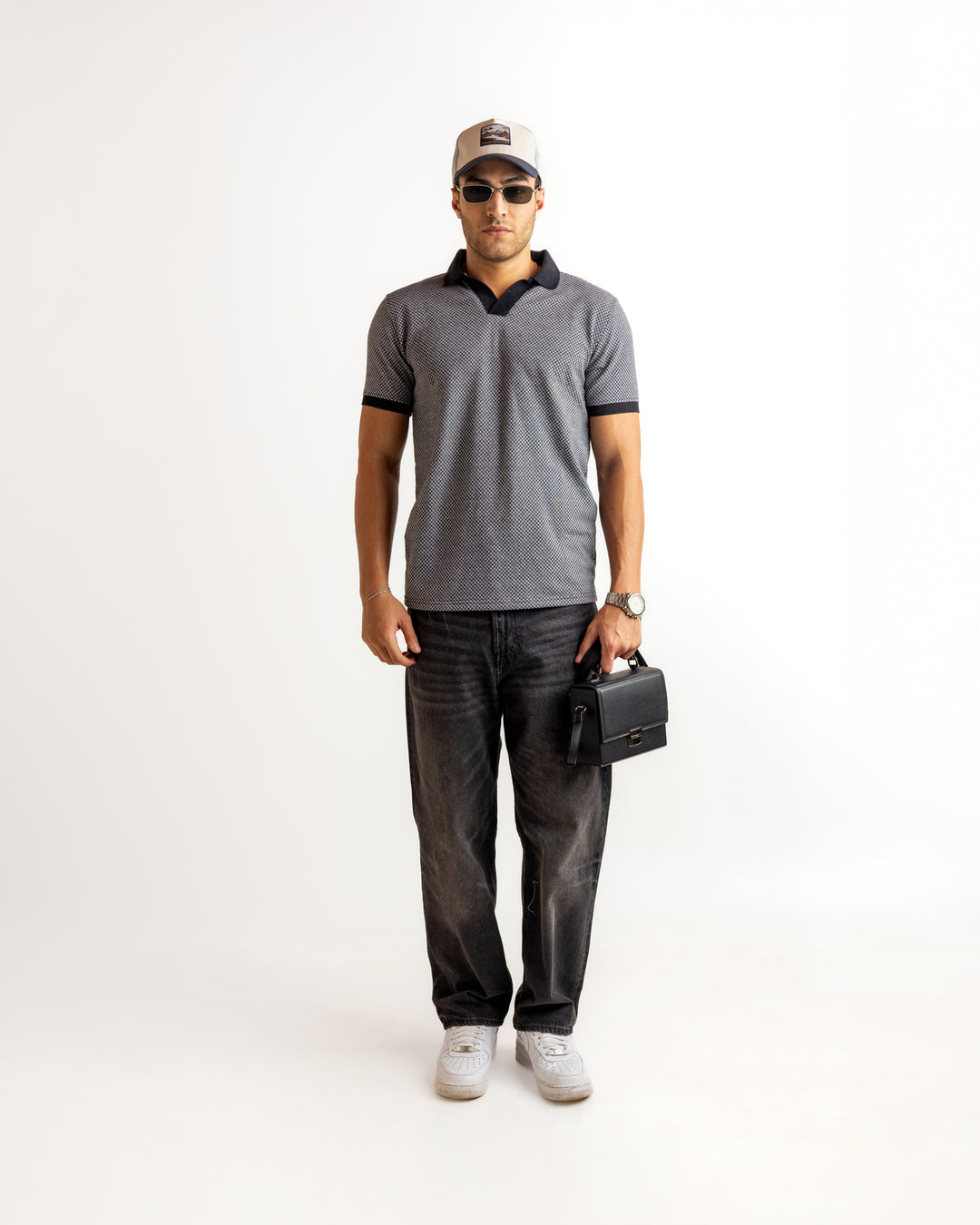Grey Black Self Design Cotton T-Shirt