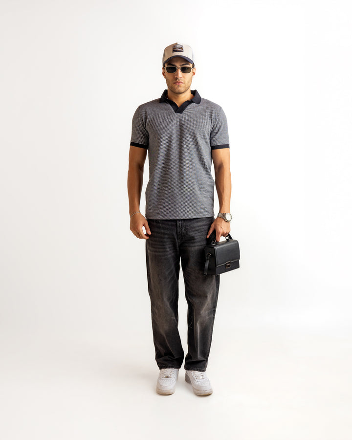 Grey Black Self Design Cotton T-Shirt