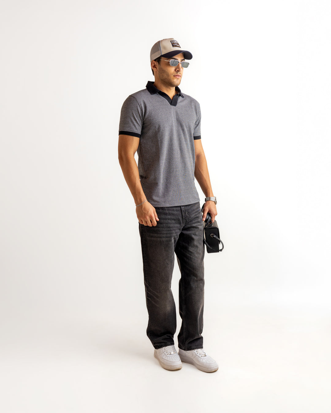 Grey Black Self Design Cotton T-Shirt
