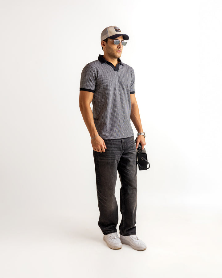 Grey Black Self Design Cotton T-Shirt