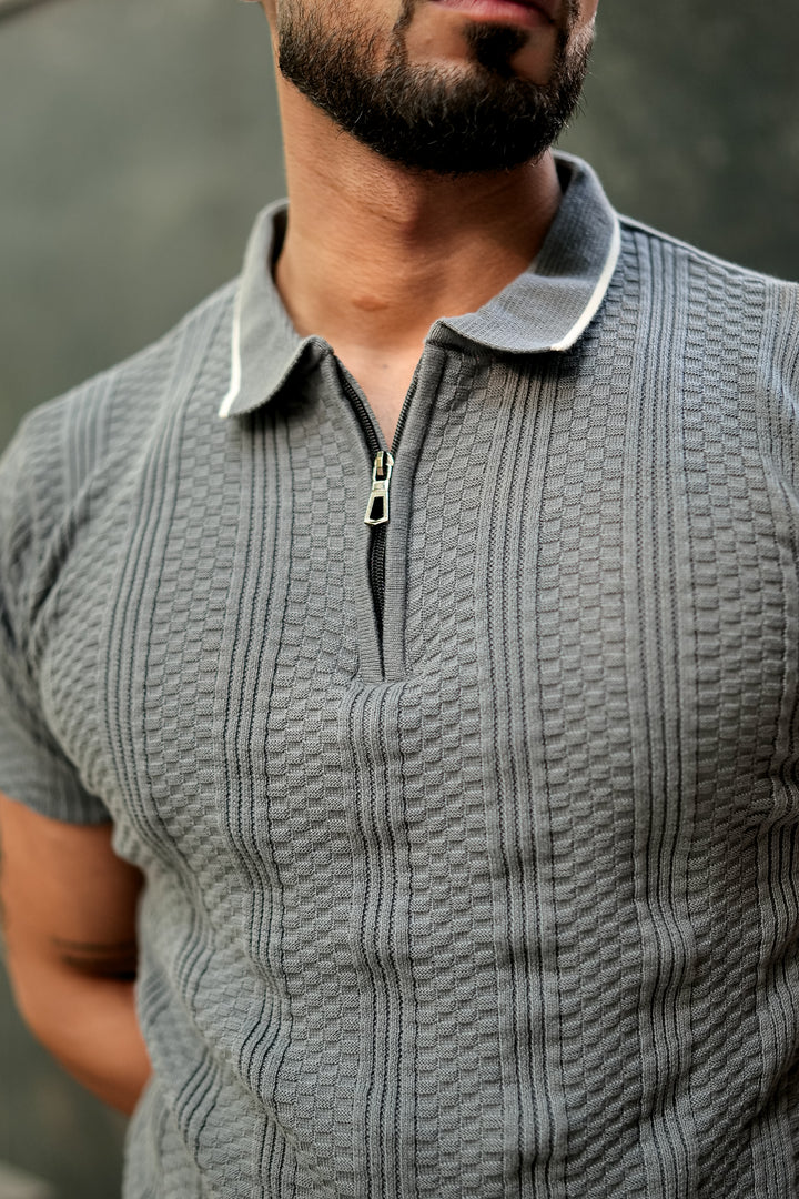 Grey Premium Flat knit Polo T-shirt