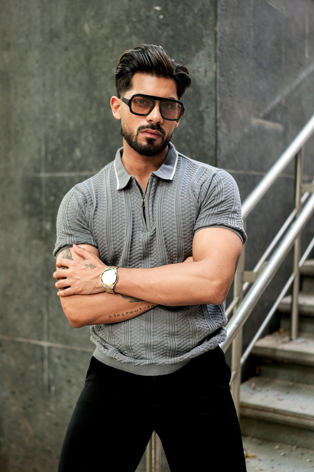 Grey Premium Flat knit Polo T-shirt