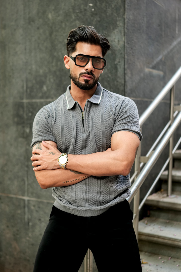 Grey Premium Flat knit Polo T-shirt