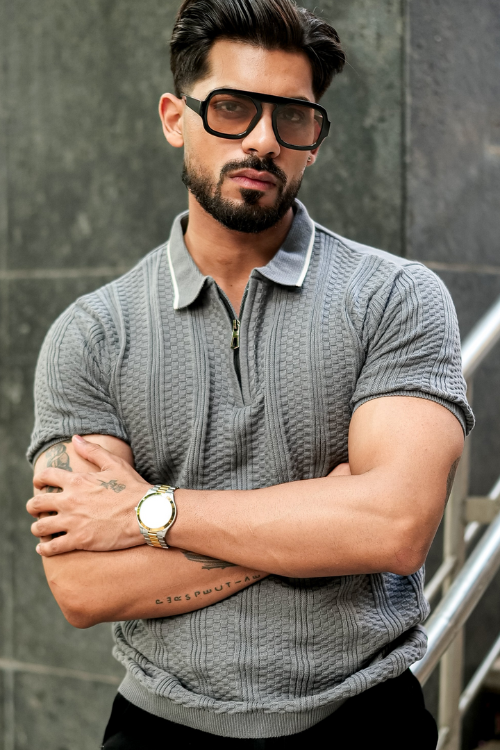 Grey Premium Flat knit Polo T-shirt