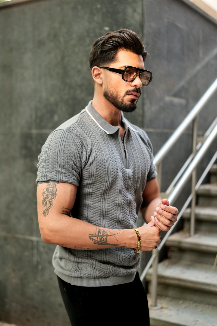 Grey Premium Flat knit Polo T-shirt