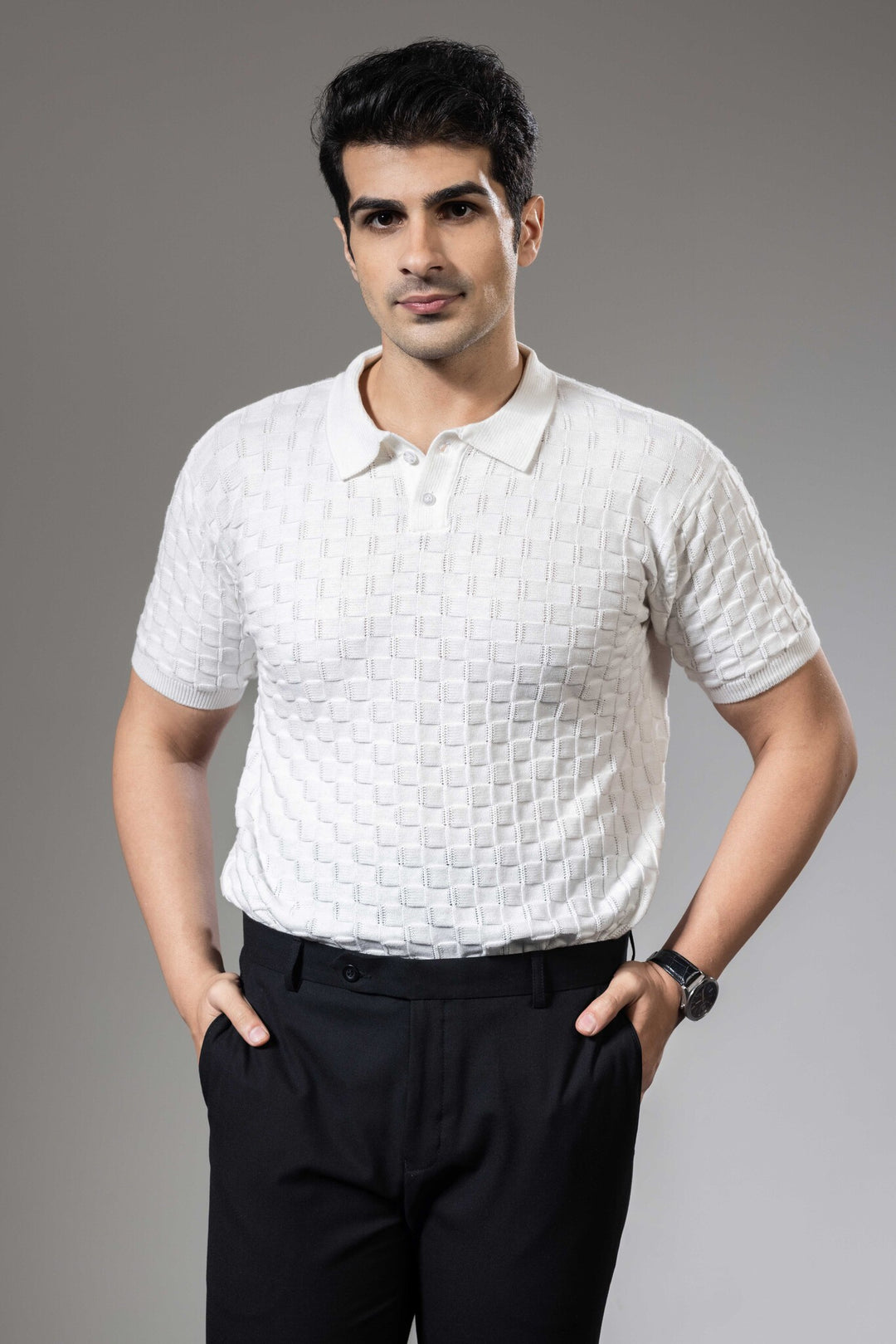 White Embedded Flat Knit Premium Polo T-Shirt