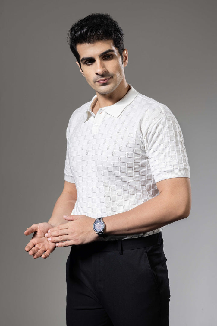 White Embedded Flat Knit Premium Polo T-Shirt