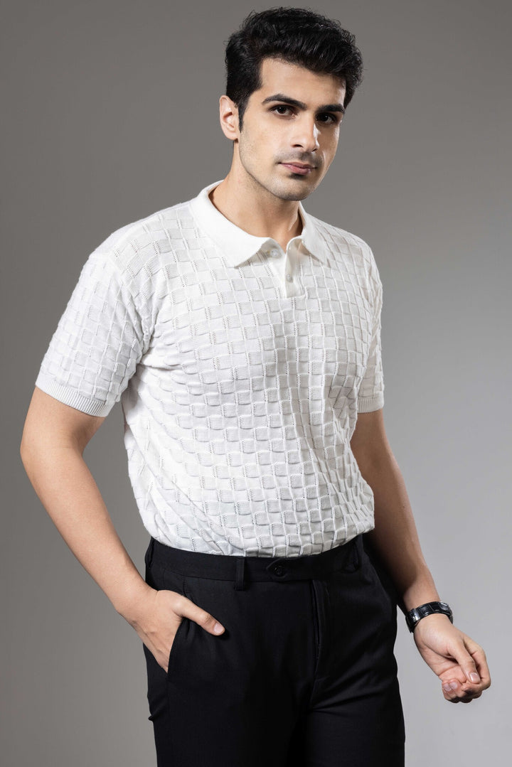 White Embedded Flat Knit Premium Polo T-Shirt