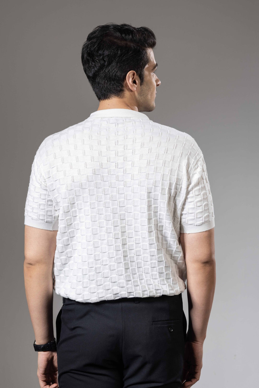 White Embedded Flat Knit Premium Polo T-Shirt