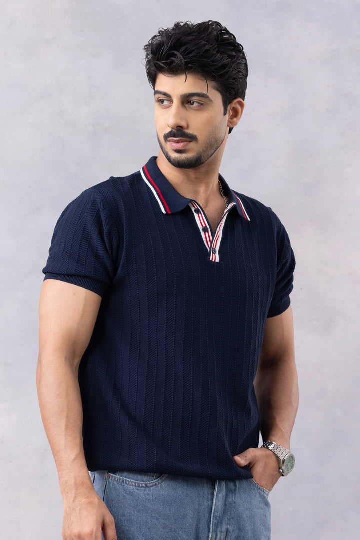 Navy Blue Premium Flat Knit Polo T-Shirt