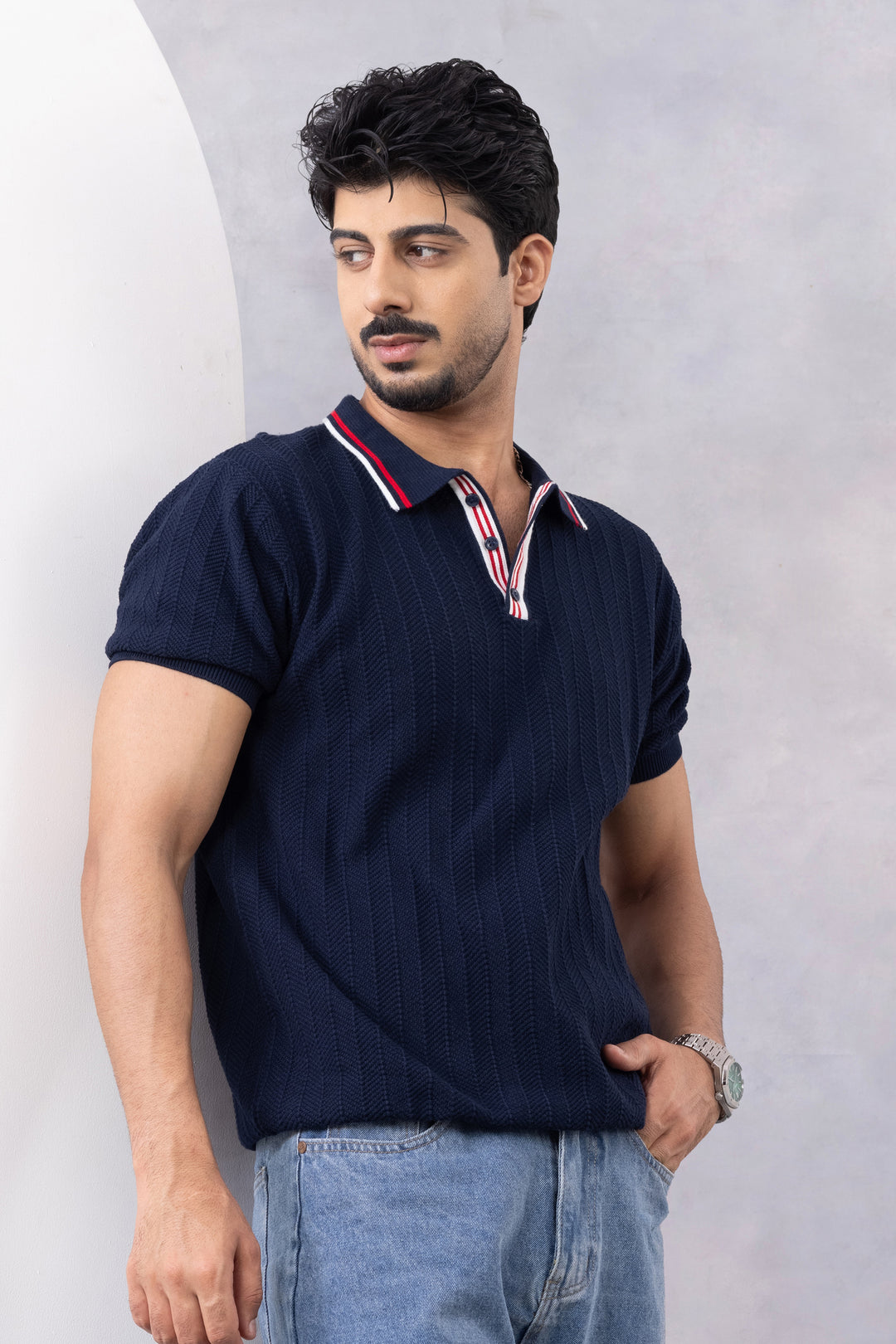 Navy Blue Premium Flat Knit Polo T-Shirt