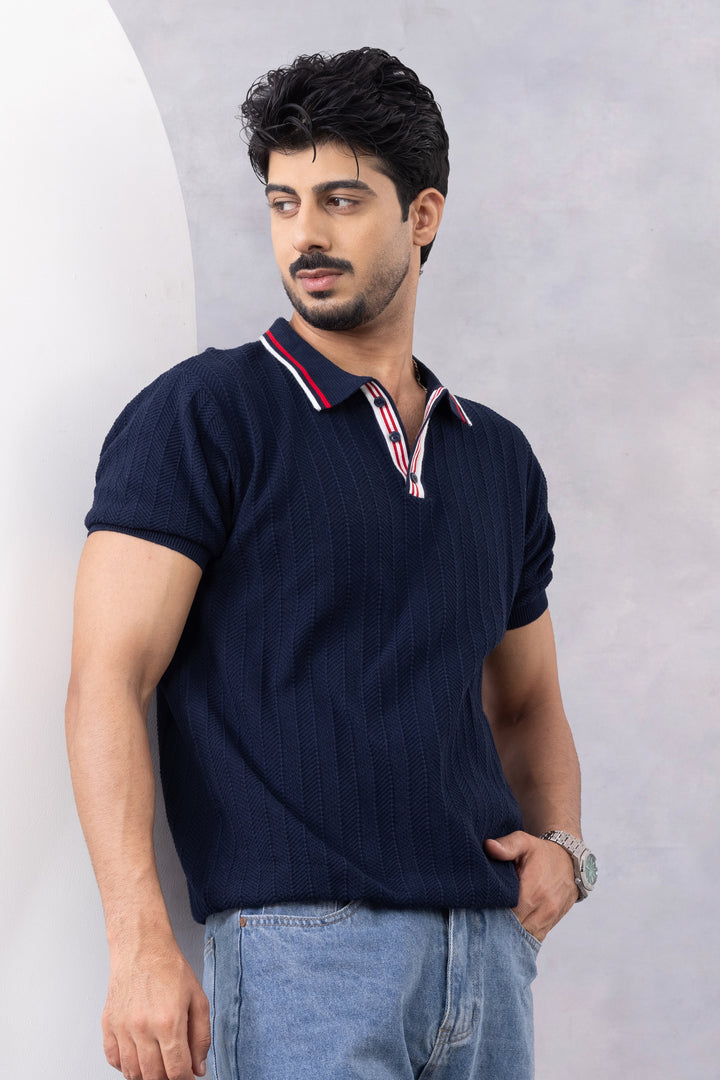 Navy Blue Premium Flat Knit Polo T-Shirt