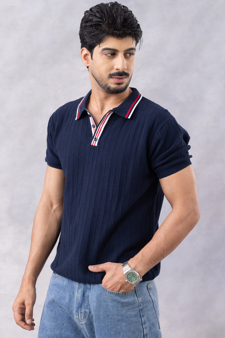 Navy Blue Premium Flat Knit Polo T-Shirt