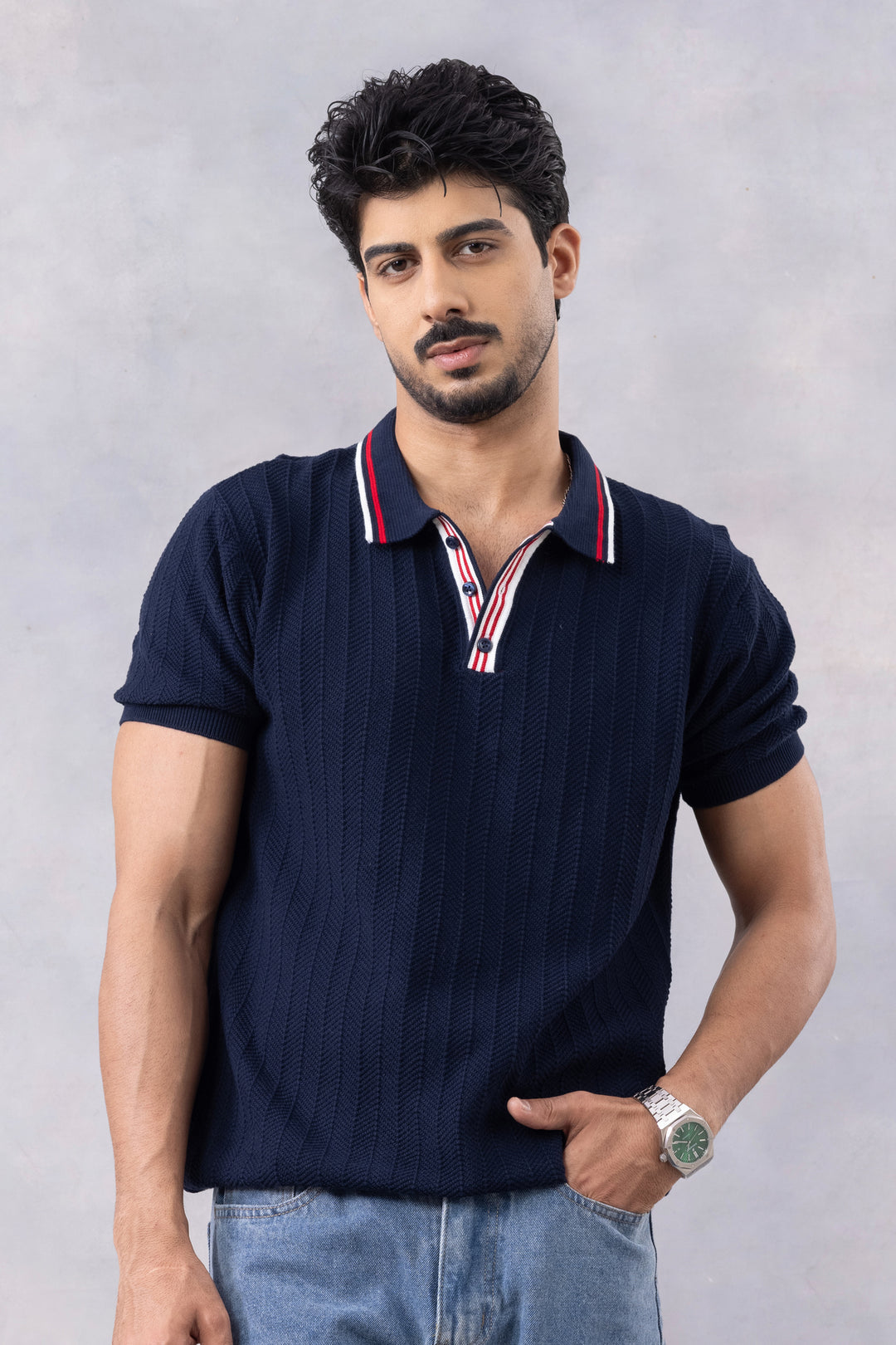Navy Blue Premium Flat Knit Polo T-Shirt