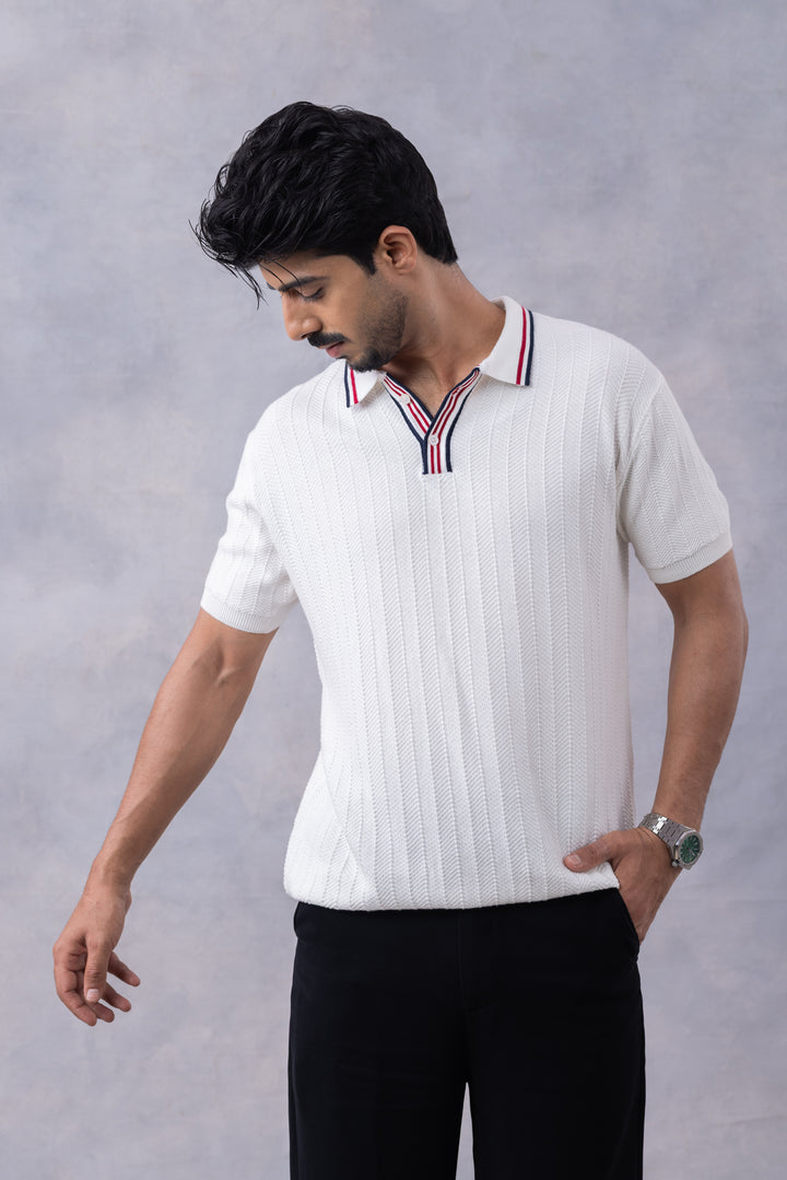 White Premium Flat Knit Polo-T-Shirt