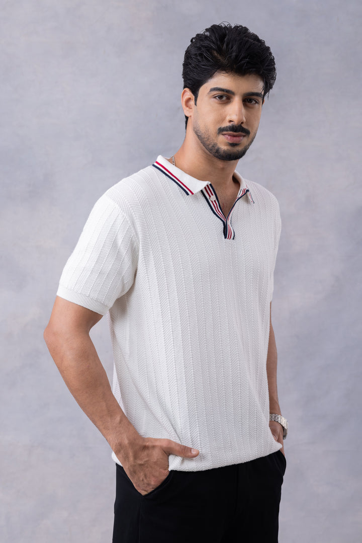 White Premium Flat Knit Polo-T-Shirt
