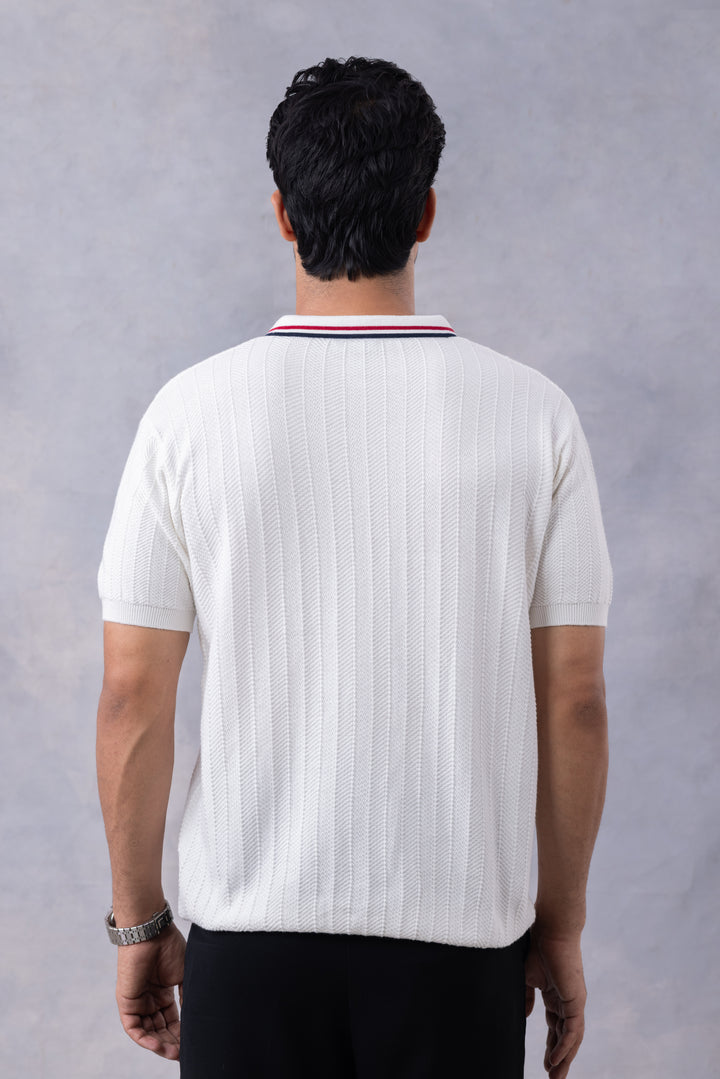 White Premium Flat Knit Polo-T-Shirt
