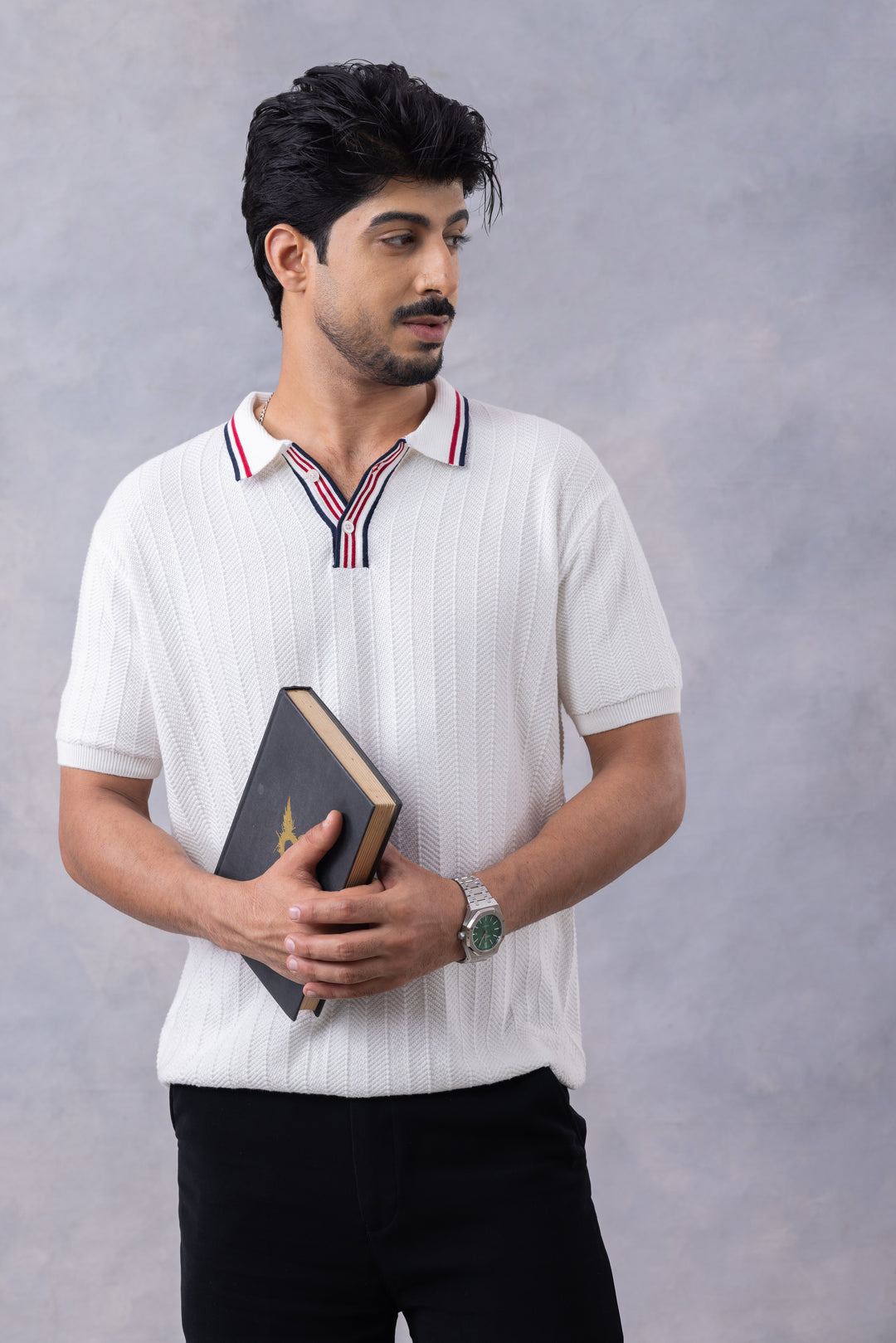 White Premium Flat Knit Polo-T-Shirt