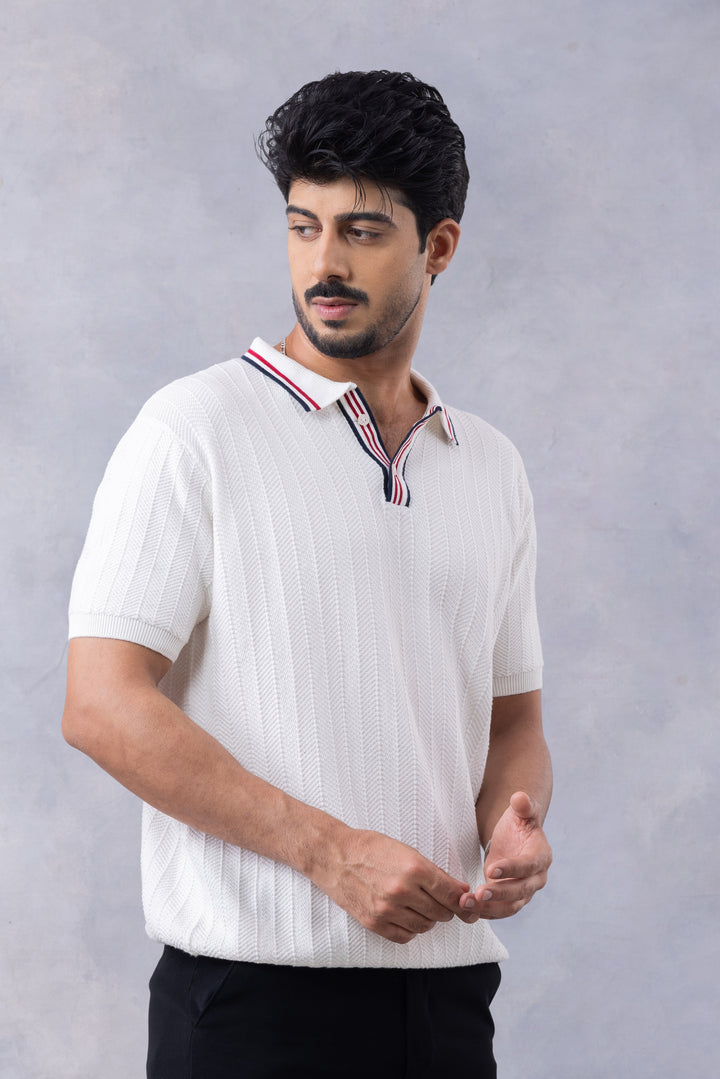 White Premium Flat Knit Polo-T-Shirt