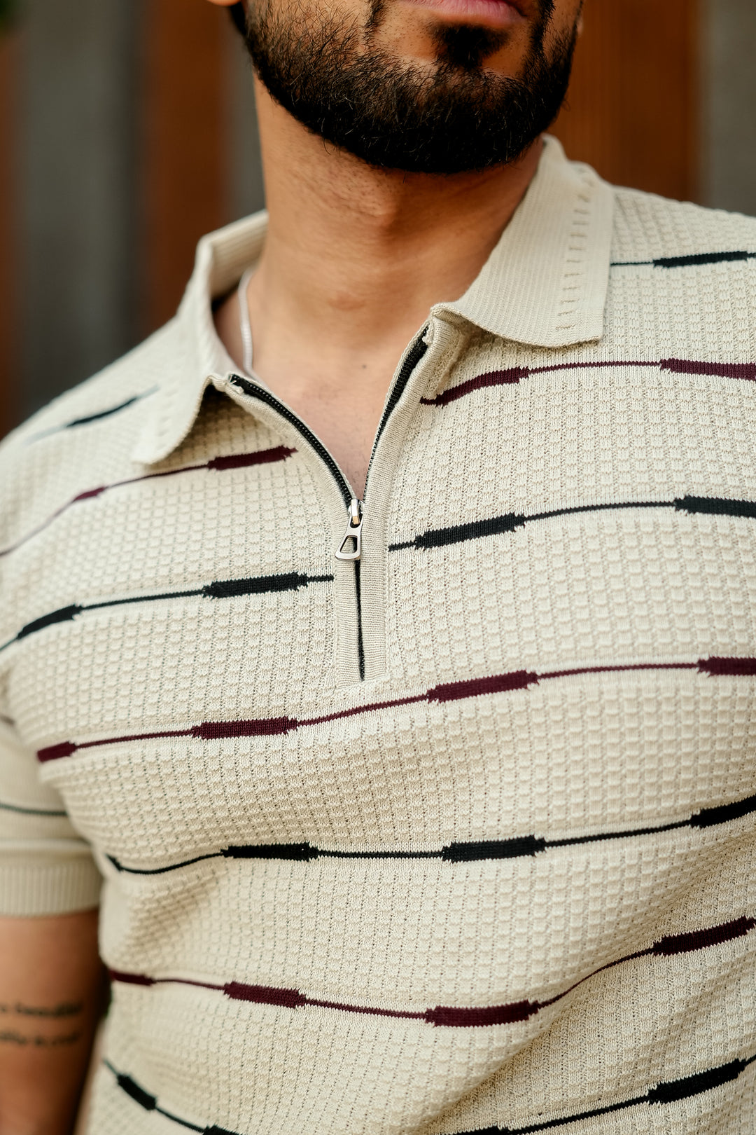 Beige Premium Flat Knit Striped Zipper Polo T-Shirt