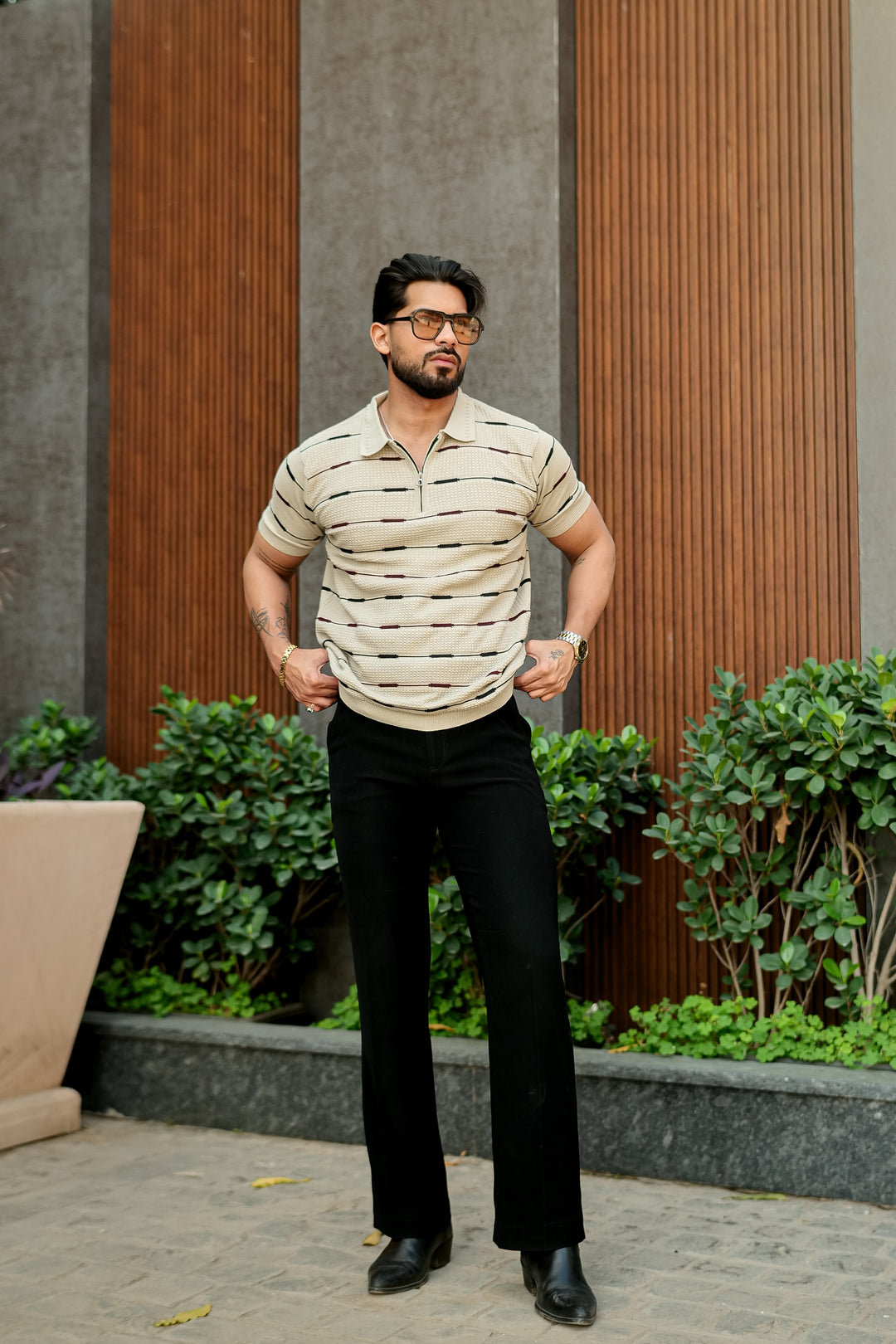 Beige Premium Flat Knit Striped Zipper Polo T-Shirt