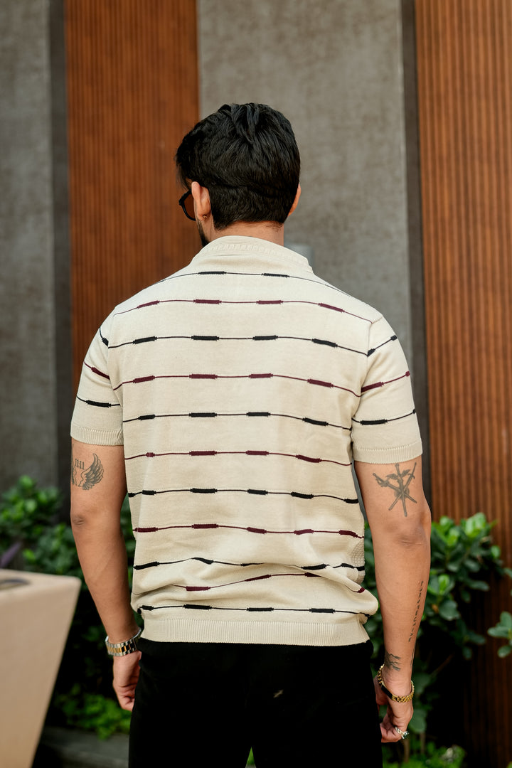 Beige Premium Flat Knit Striped Zipper Polo T-Shirt
