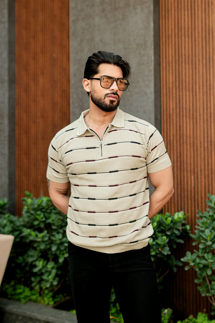 Beige Premium Flat Knit Striped Zipper Polo T-Shirt