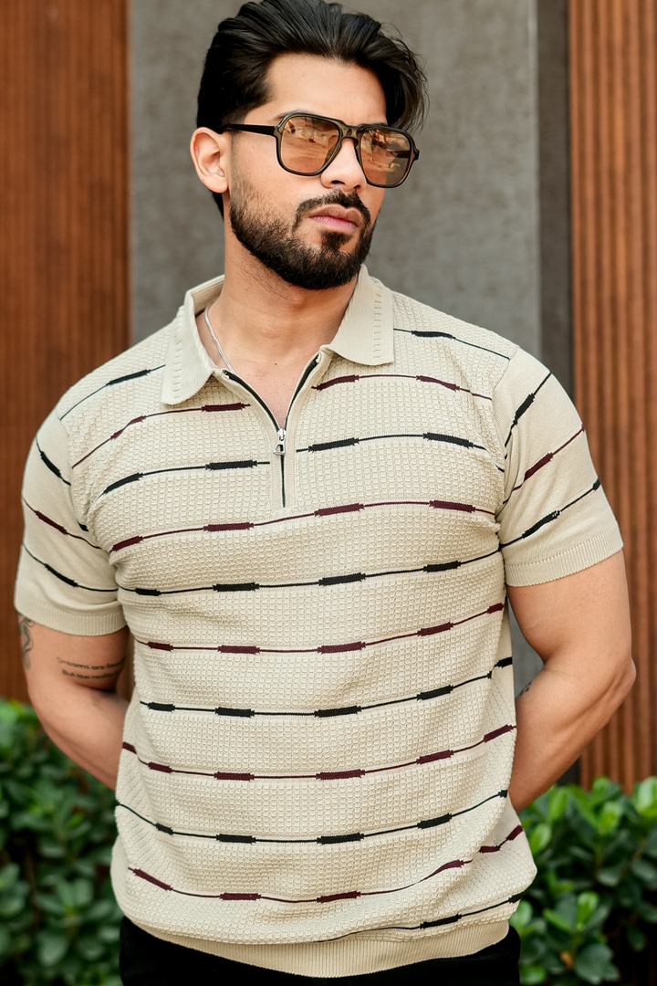 Beige Premium Flat Knit Striped Zipper Polo T-Shirt