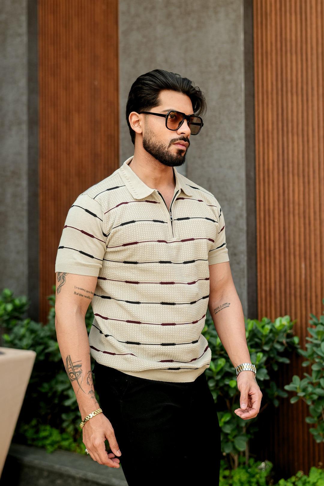 Beige Premium Flat Knit Striped Zipper Polo T-Shirt