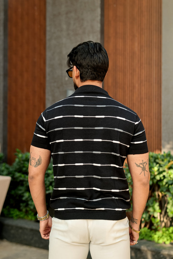 Black Striped Premium Flat Knit Polo T-Shirt