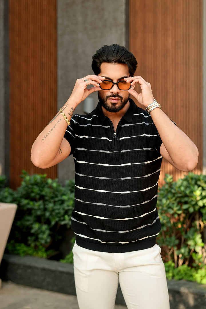 Black Striped Premium Flat Knit Polo T-Shirt