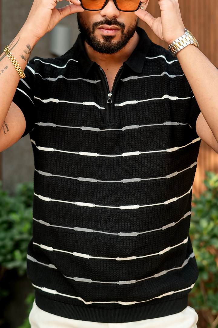 Black Striped Premium Flat Knit Polo T-Shirt