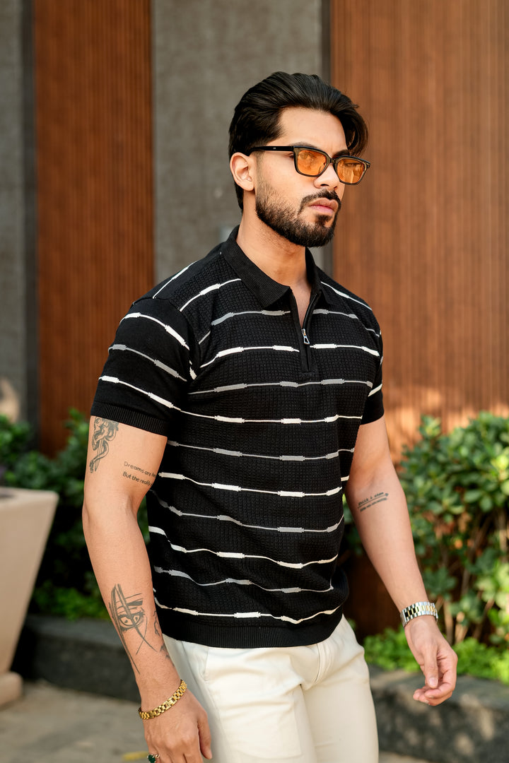 Black Striped Premium Flat Knit Polo T-Shirt
