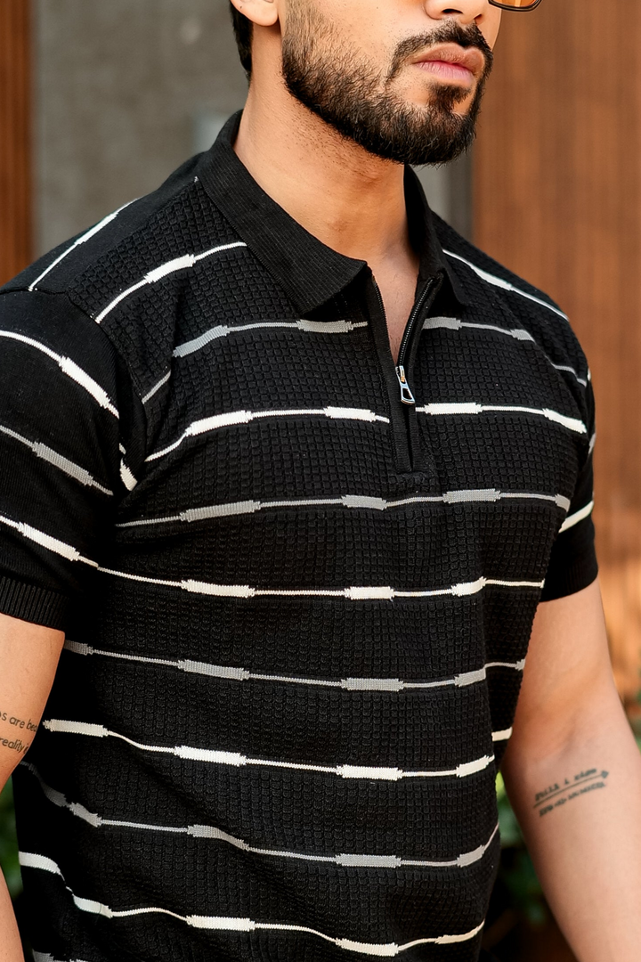 Black Striped Premium Flat Knit Polo T-Shirt