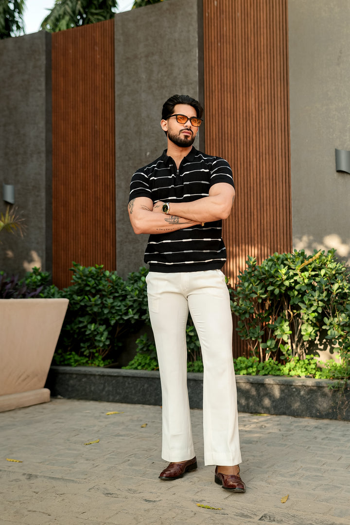 Black Striped Premium Flat Knit Polo T-Shirt