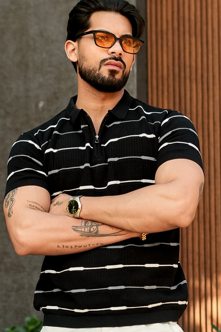 Black Striped Premium Flat Knit Polo T-Shirt