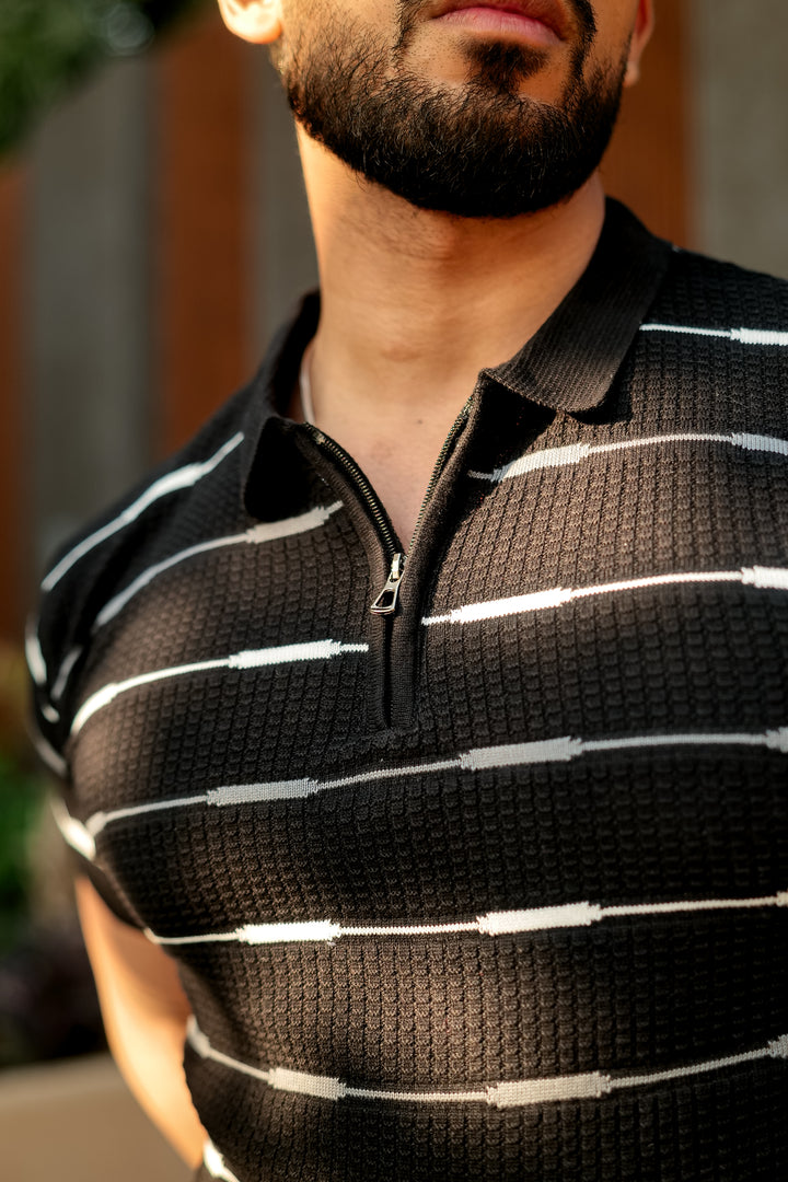 Black Striped Premium Flat Knit Polo T-Shirt