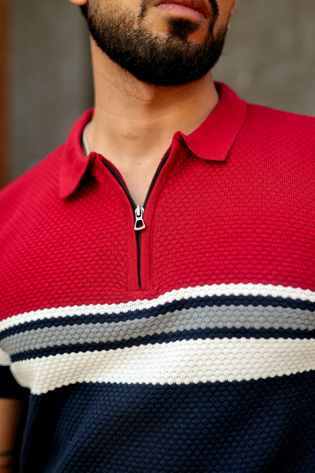 Red Navy Premium Flat knit Colorblocked Zipper Polo T-shirt