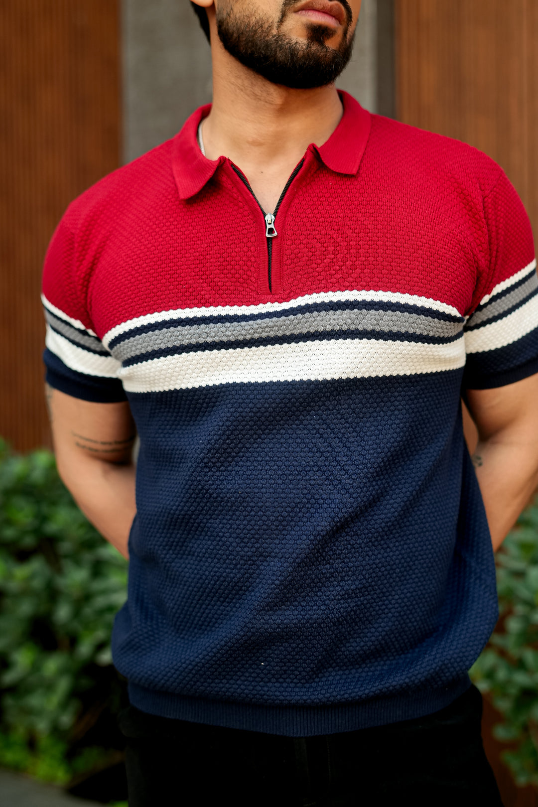 Red Navy Premium Flat knit Colorblocked Zipper Polo T-shirt