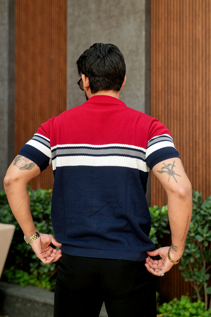Red Navy Premium Flat knit Colorblocked Zipper Polo T-shirt